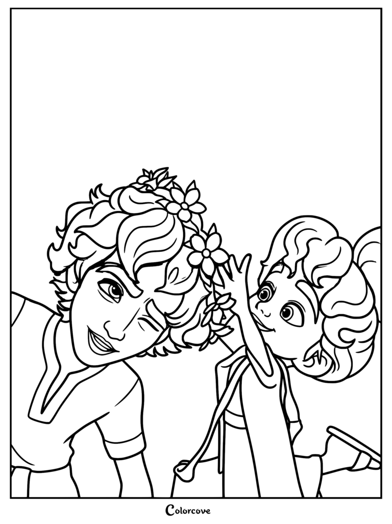 David wearing a flower crown while Zeruiah playfully places flowers in his hair, a black and white printable coloring page.