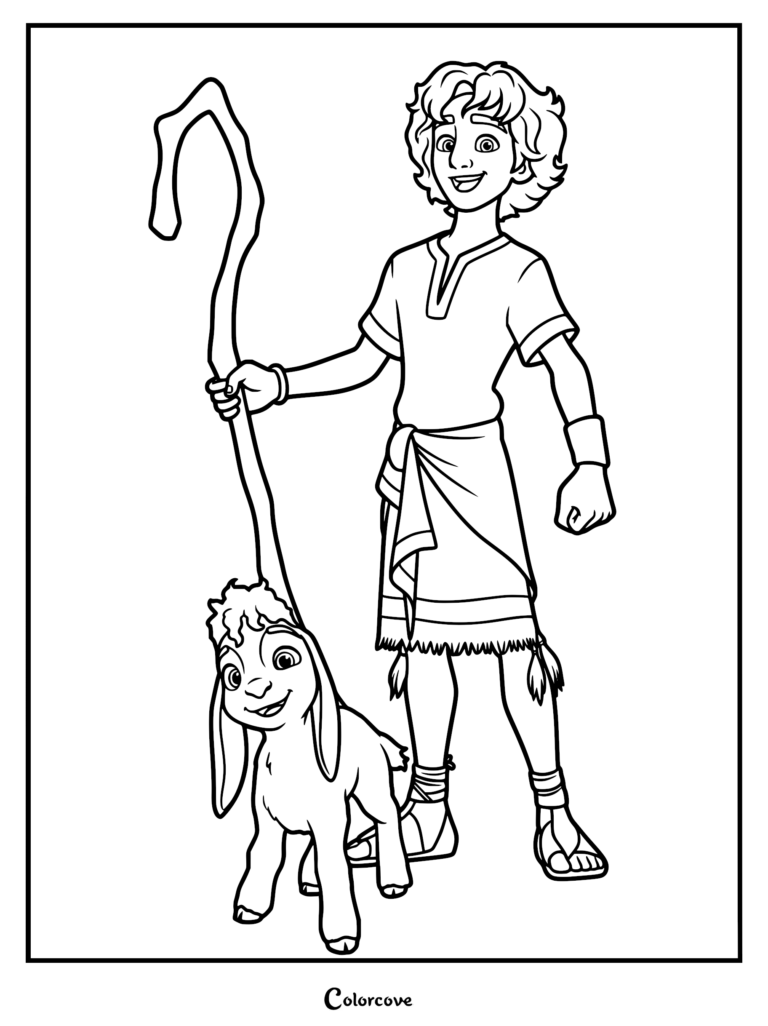 Young David holding a shepherd's staff with Tali the lamb standing beside him in this free printable David 2025 movie coloring page.