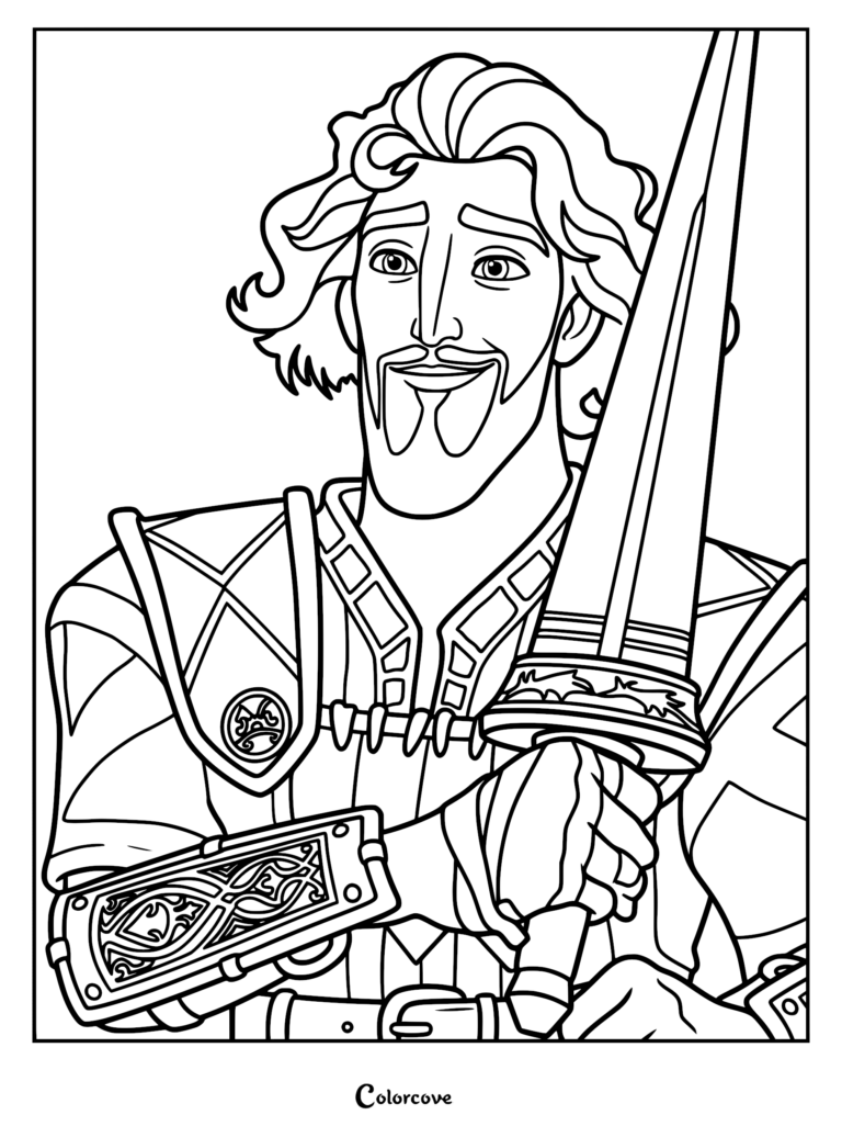 A detailed coloring page of Jonathan from the 2025 movie, showcasing his noble facial features, wavy hair, and ornate warrior armor while holding a large sword.