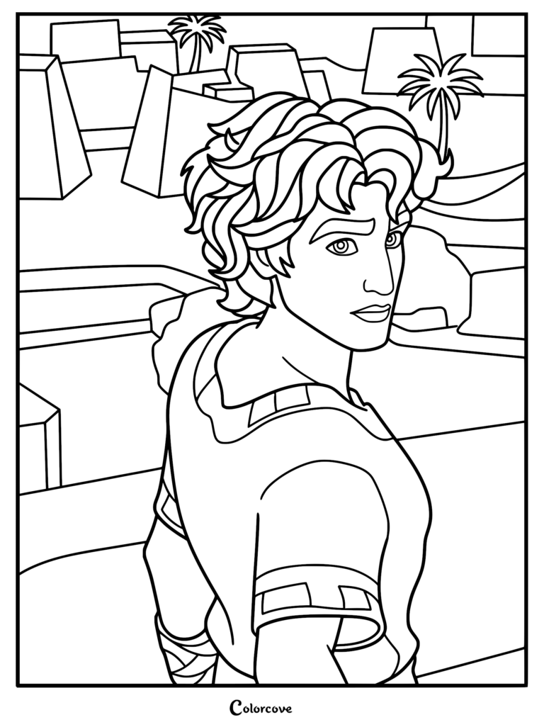 A printable coloring page of David with curly hair glancing over his shoulder, set against an ancient city with palm trees.