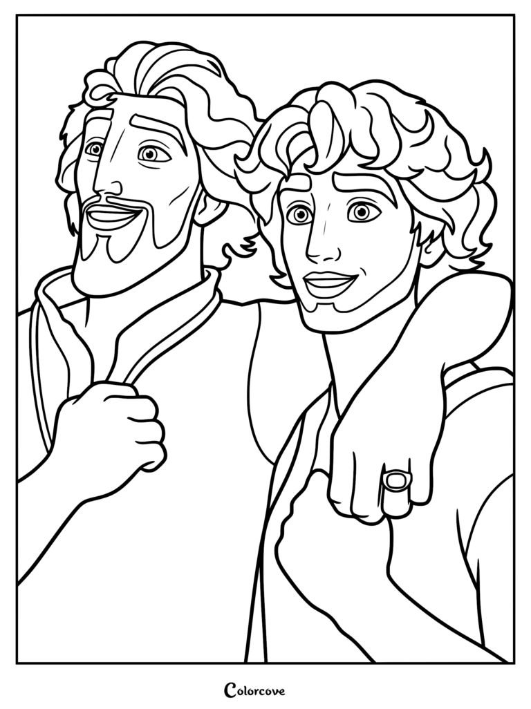 A printable coloring page featuring David and his loyal friend Jonathan with arms around each other in a friendly embrace, clear thick outlines for easy coloring.