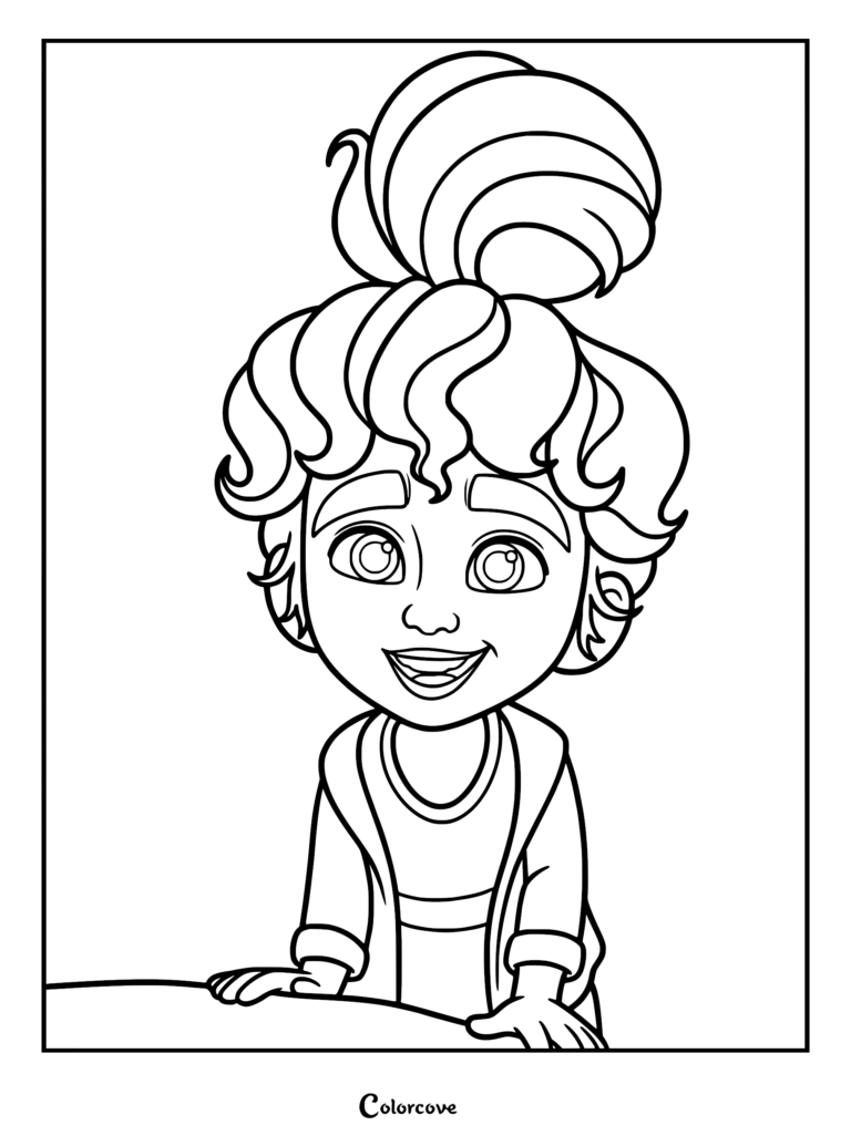 Close-up coloring page of Zeruiah from the David movie, featuring her expressive face, curly hair styled in a high bun, and hands resting on a flat surface.