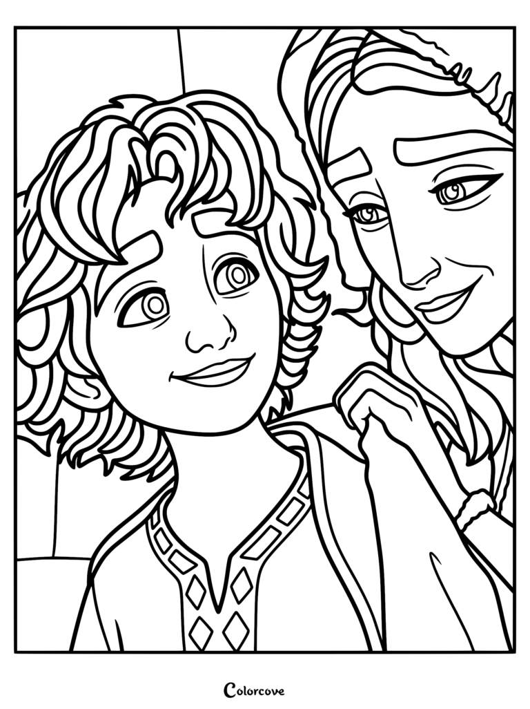 A printable coloring page featuring David as a young boy with curly hair looking up at his mother Nitzevet, who rests a hand on his shoulder in a gentle, caring pose.