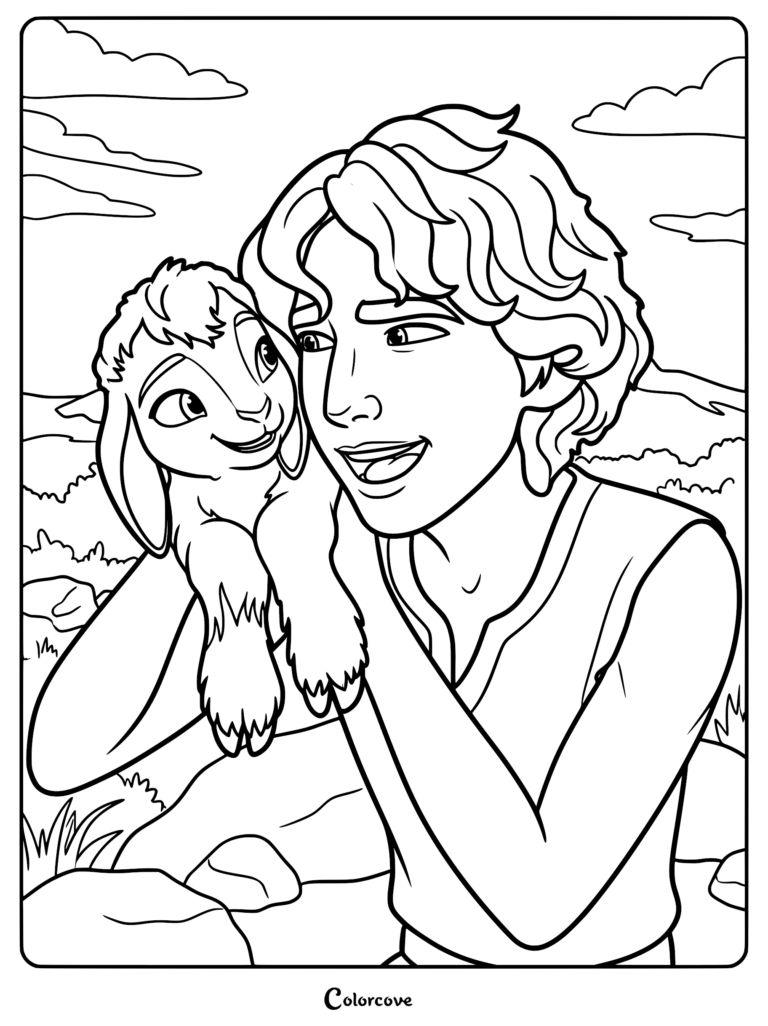 David, the young shepherd from the 2025 David movie, smiling and holding Tali the lamb, high-quality line art coloring page.