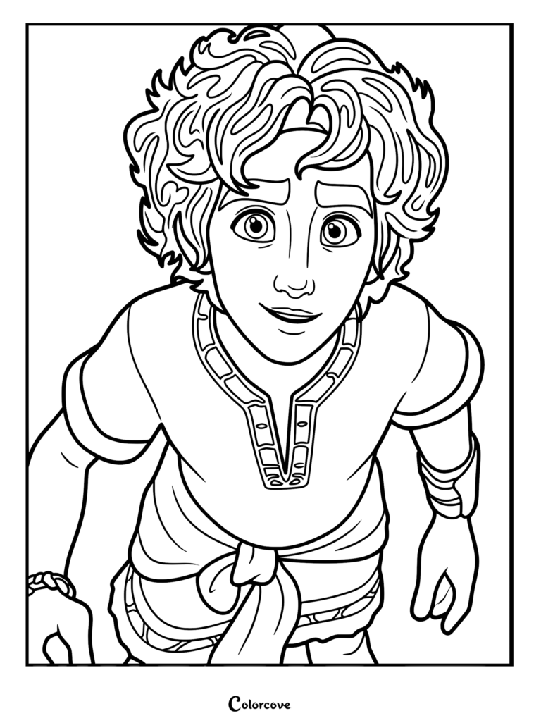 Close-up black and white line art coloring page of young David with curly hair and a tunic looking upward