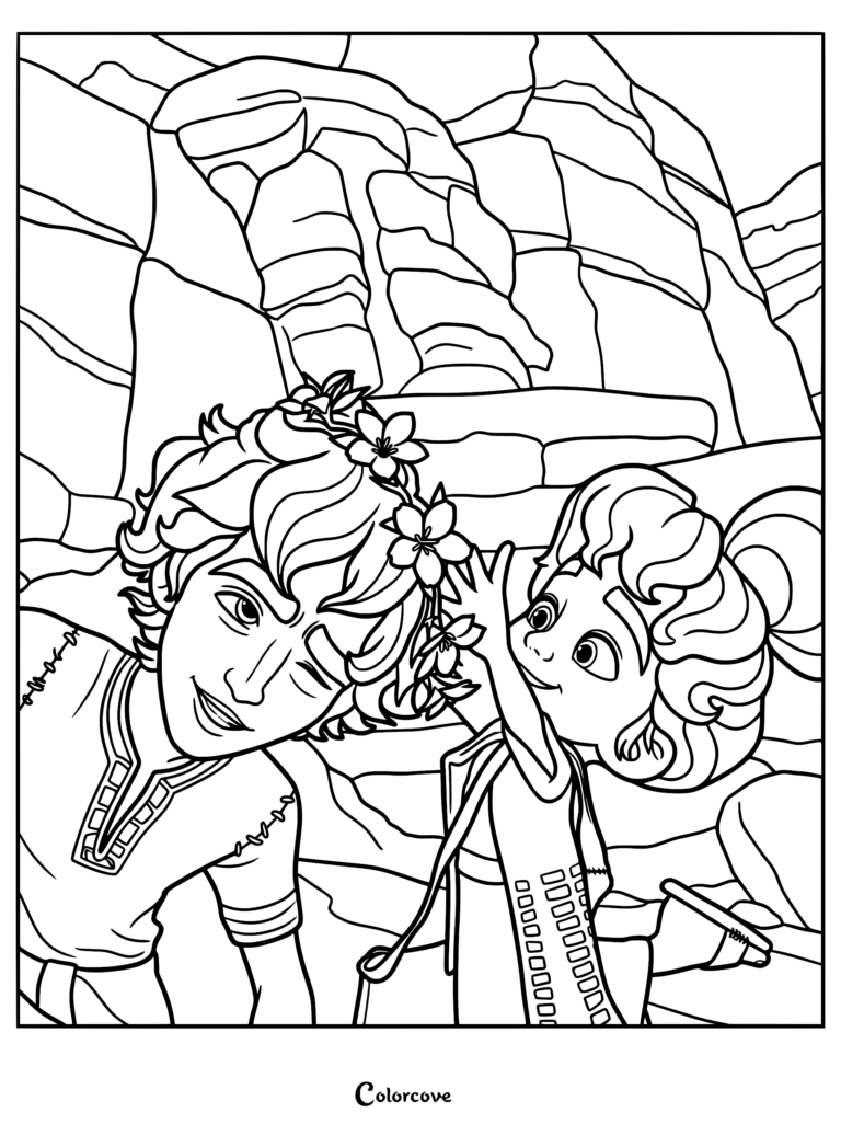 David wearing a flower crown while his sister Zeruiah adjusts it, set against a rocky desert canyon background, printable David 2025 movie coloring page.