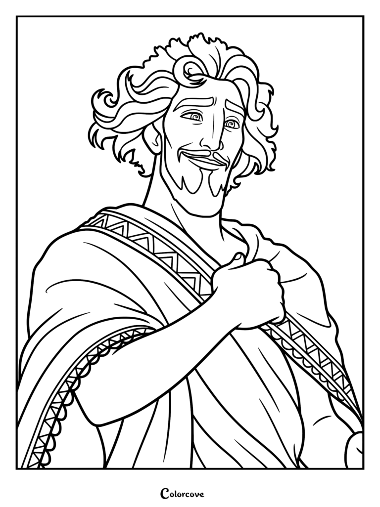 Portrait coloring page of Jonathan from the 2025 movie, featuring his curly hair, goatee, and royal robe with patterned trim.