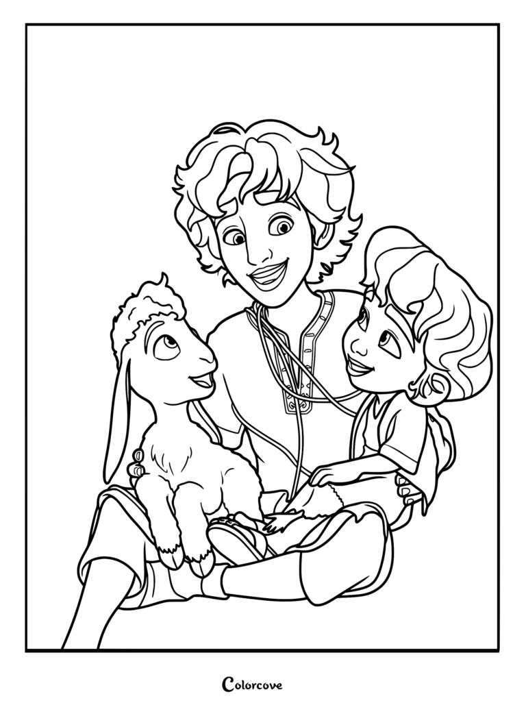David from the 2025 movie smiling as he holds Tali the lamb in a black and white line art coloring page.
