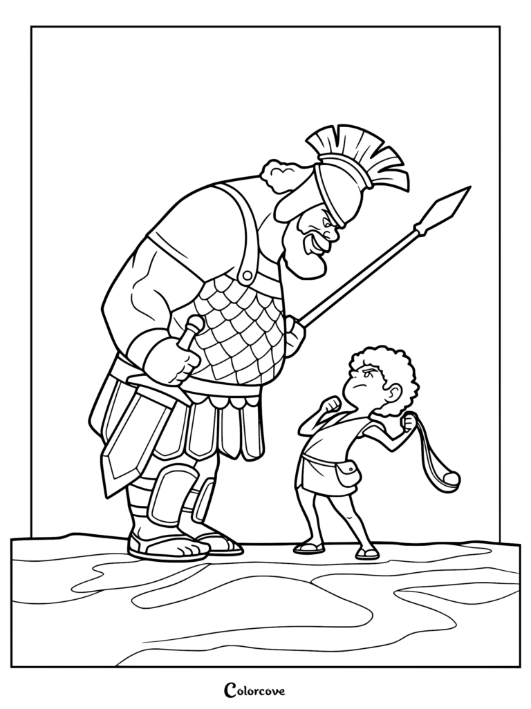 A printable coloring page featuring the young shepherd David facing off against the giant Philistine warrior Goliath, with David holding his sling and Goliath clad in armor.