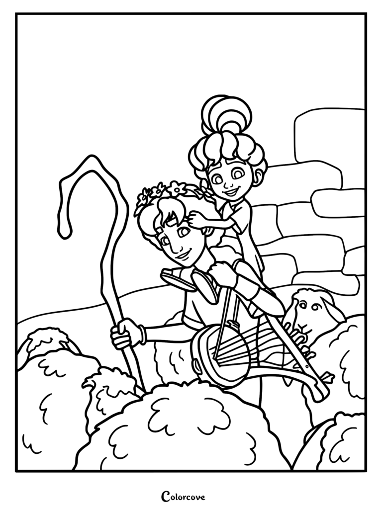 A printable coloring page featuring young David with a shepherd's crook and harp, holding Zeruiah on his shoulders while Tali the lamb watches nearby.
