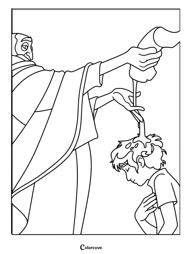 A printable coloring page featuring Prophet Samuel pouring anointing oil from a horn onto the head of young David, who is bowing with his hand on his chest.