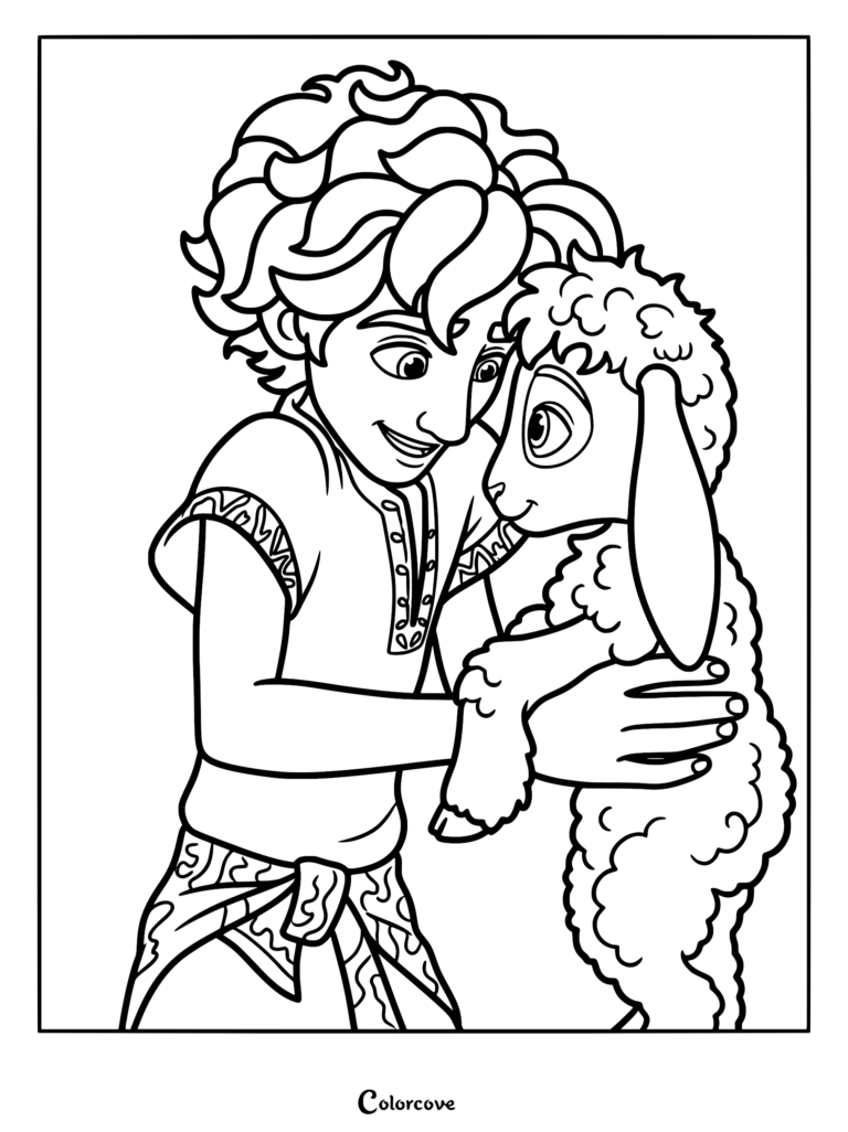 Young David from the animated movie DAVID gently holding his favorite lamb, Tali, in this printable line art coloring page.