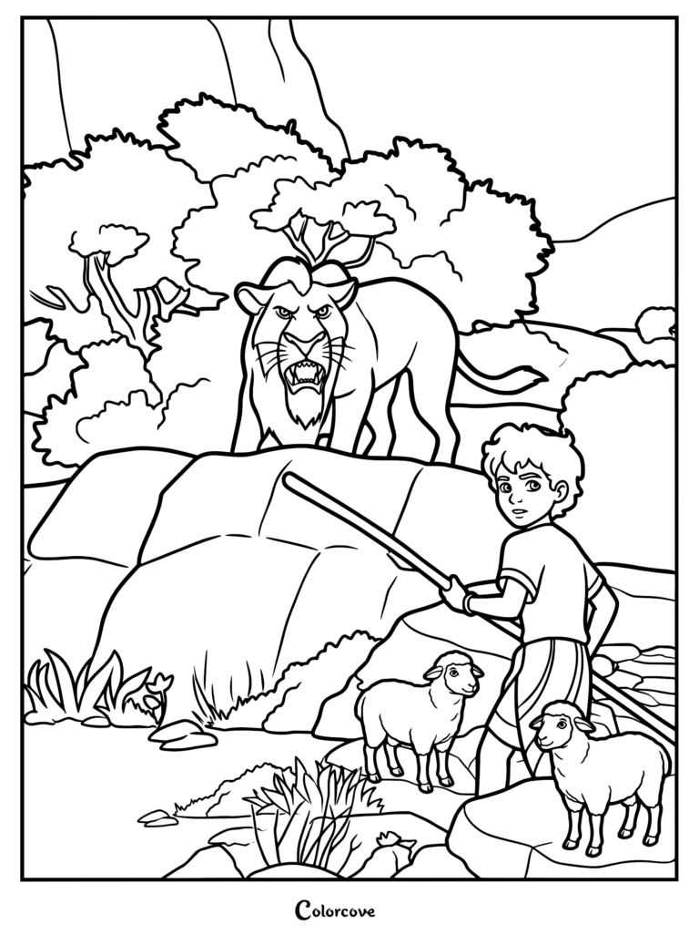 Young David holding a wooden staff to protect Tali the lamb from a snarling lion in a rocky landscape coloring page for kids
