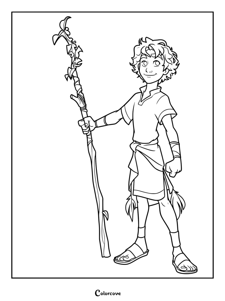 David from the movie holding a tall wooden shepherd staff in this printable coloring page.