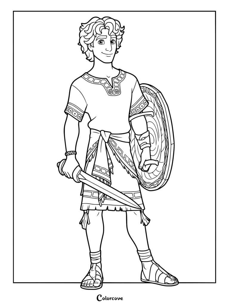 David standing with a sword and shield in this printable coloring page featuring detailed ancient armor and sandals.