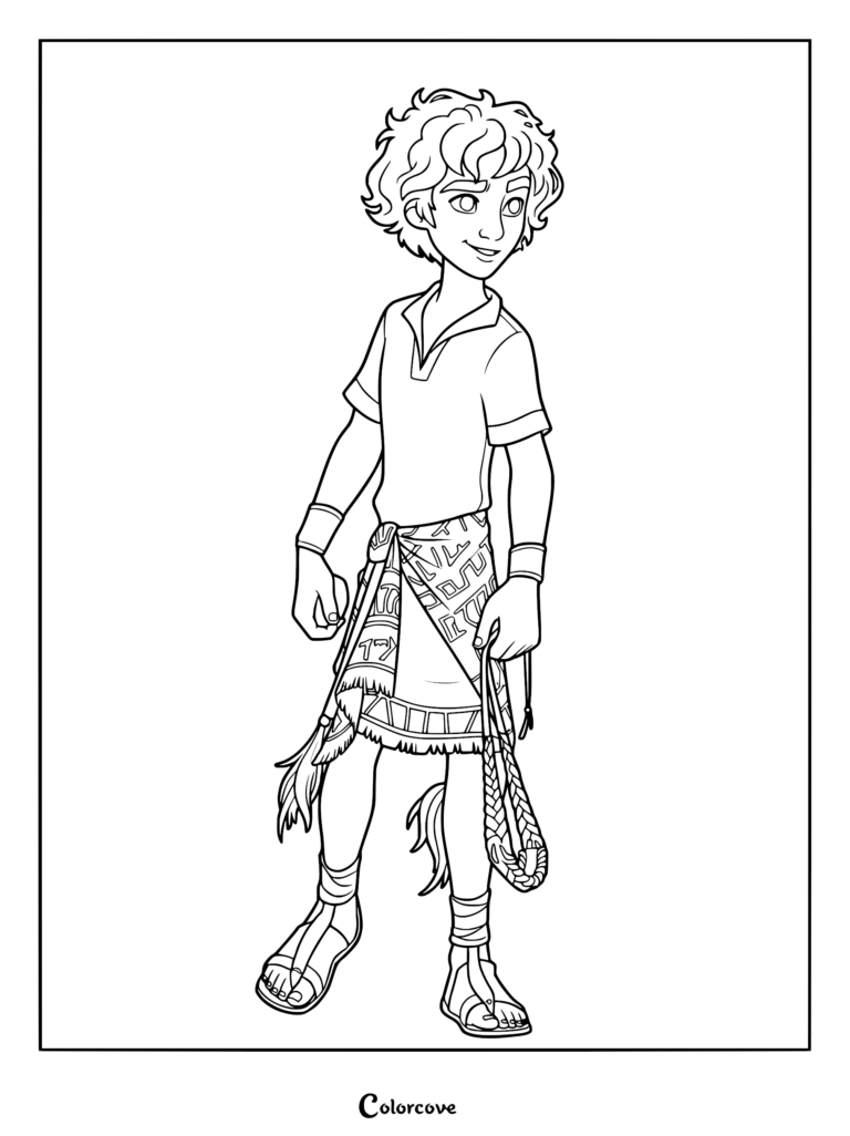 David from the movie standing in a tunic and sandals holding a leather sling, printable coloring page.