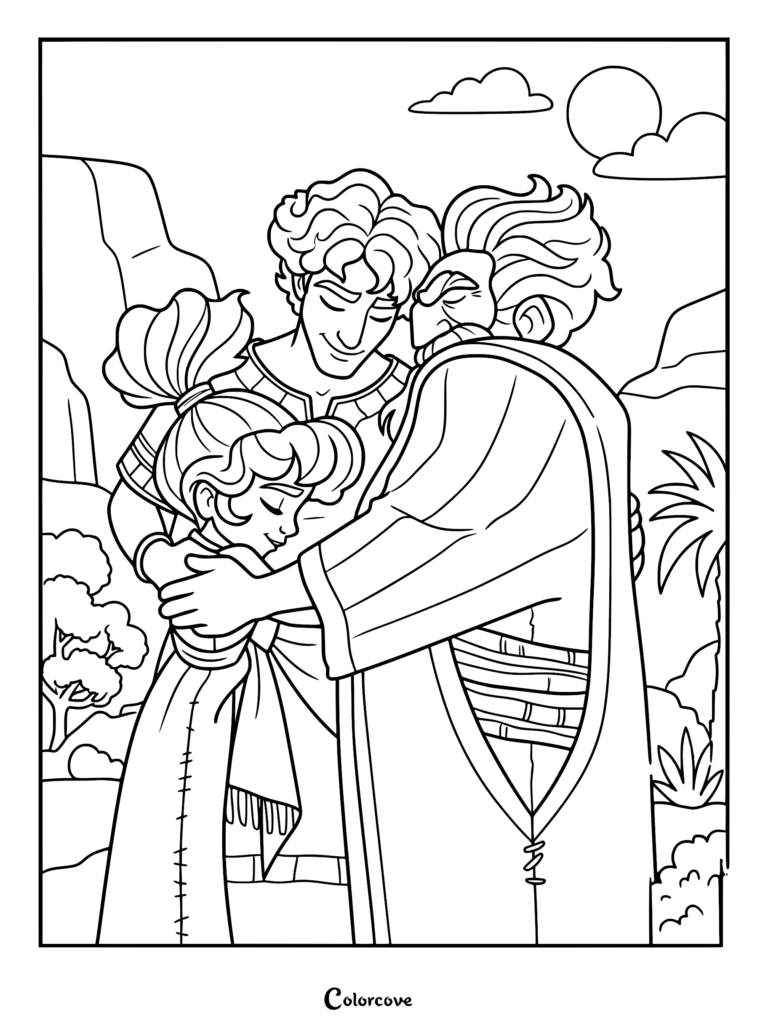 Line art coloring page featuring David, Jesse, and Michal sharing a warm family embrace in a desert landscape.