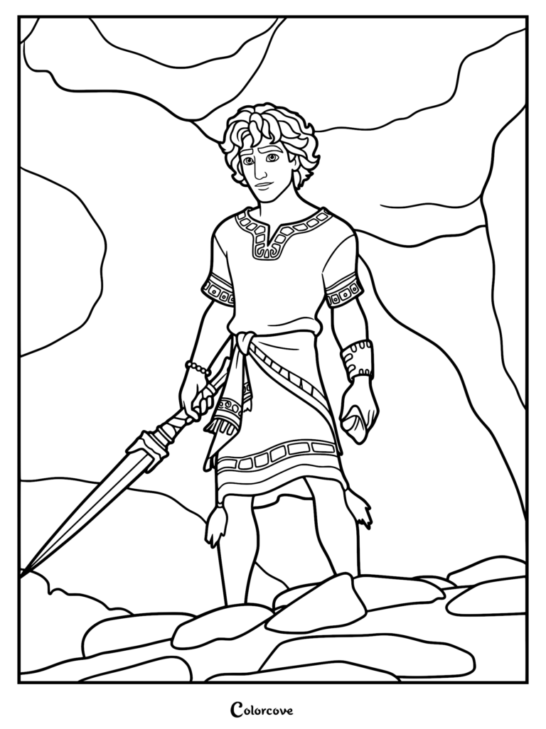 A printable coloring page featuring David holding a long spear and stone while standing in a rocky wilderness cave.