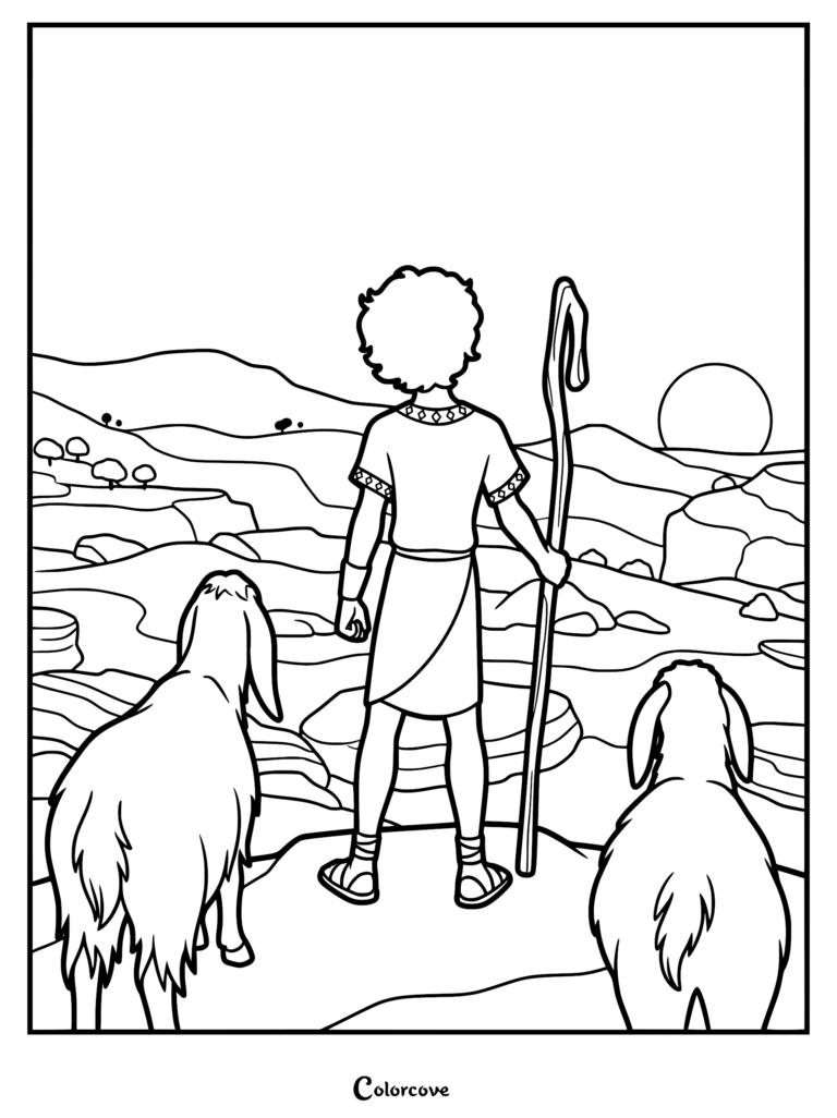 David as a young shepherd boy holding a wooden staff while standing on a rocky hill with two sheep, featured in a printable coloring page scene.