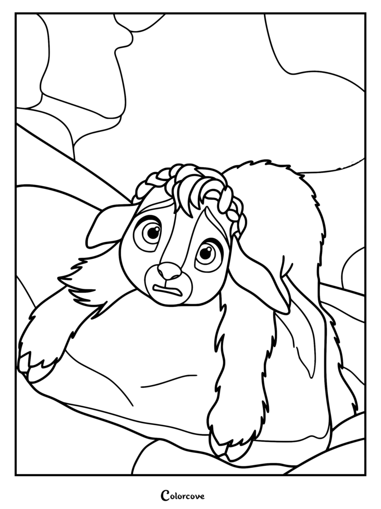 A printable coloring page featuring Tali the fluffy lamb from the David 2025 movie looking up with expressive eyes.