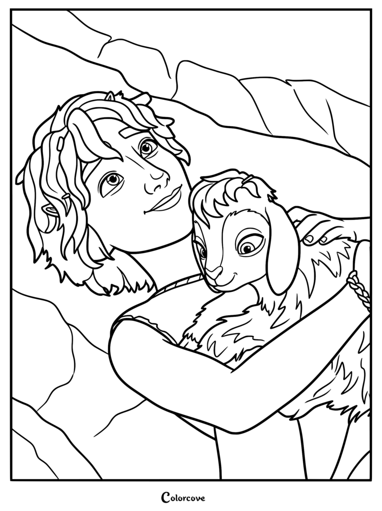 David from the 2025 David movie cuddling his lamb Tali, printable line art coloring page for children.
