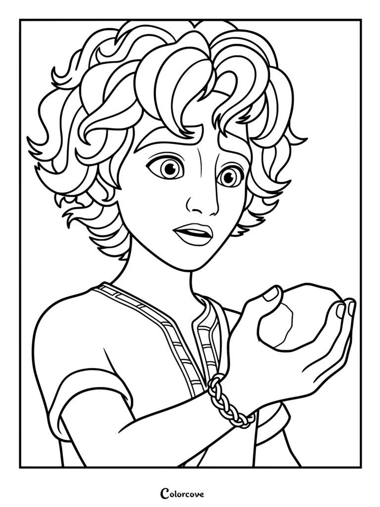 Close-up coloring page of young David from the 2025 movie, looking surprised while holding a smooth round stone in his hands, featuring detailed wavy hair and a woven wristband.