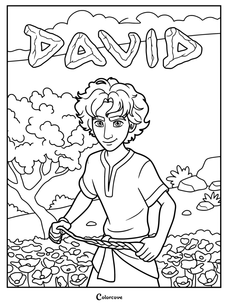 David from the 2025 animated movie standing in a flower field holding a leather sling, free printable coloring page.