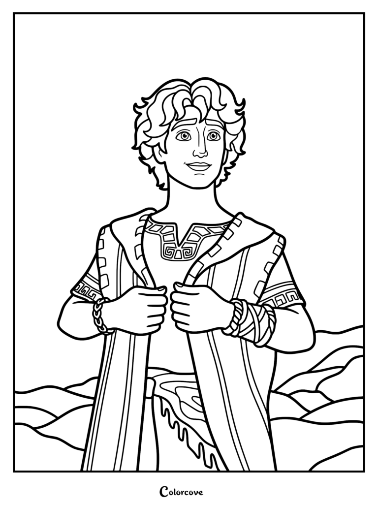 A printable coloring page featuring the young shepherd David from the 2025 animated movie, wearing traditional tunics and jewelry in a desert landscape.