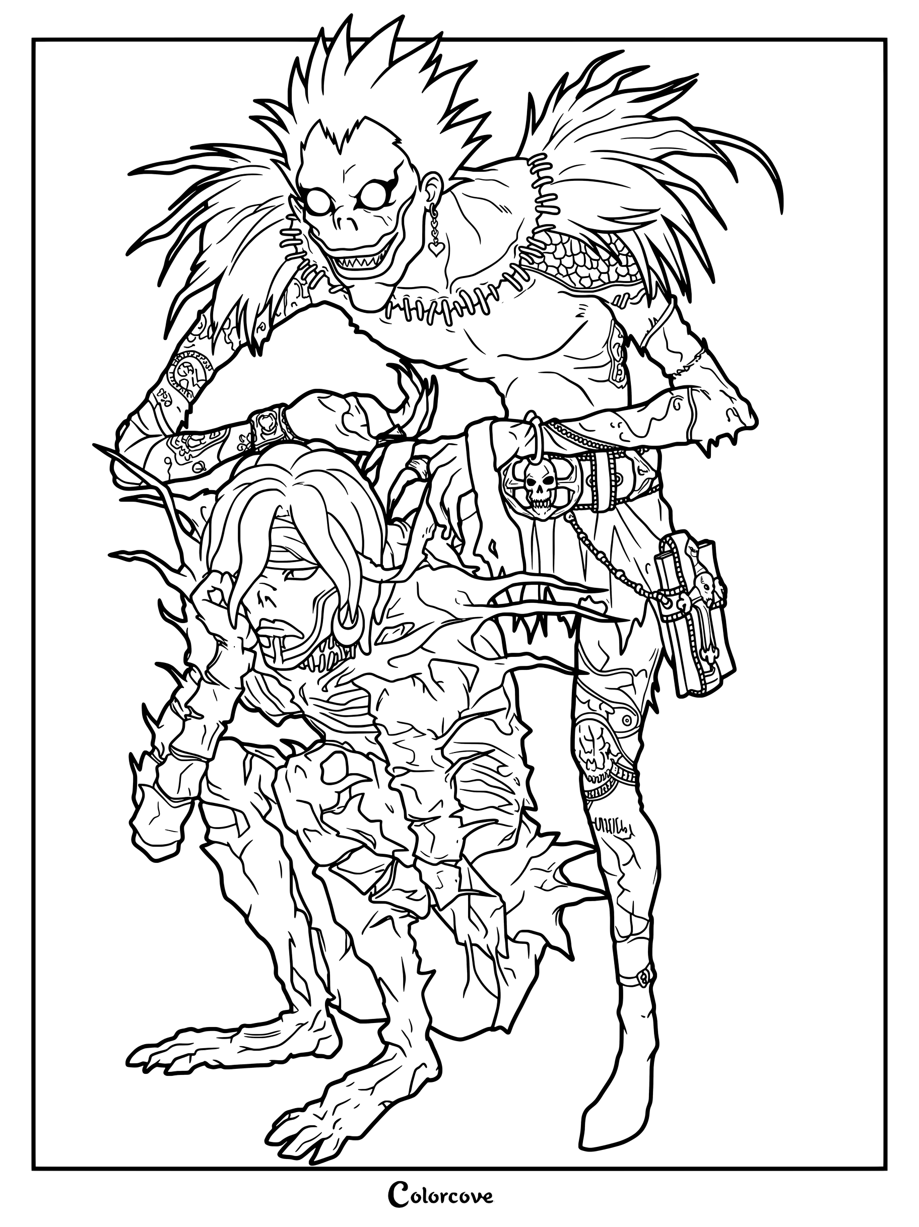 Dibujo de Death Note para colorear que representa al Shinigami Ryuk (de pie) y a Rem (agachada) de la serie de anime y manga Death Note.