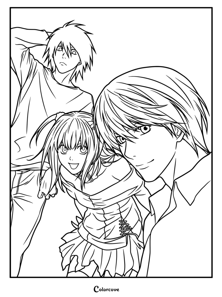Dibujo de Death Note para colorear con Light Yagami, Misa Amane y L Lawliet juntos.