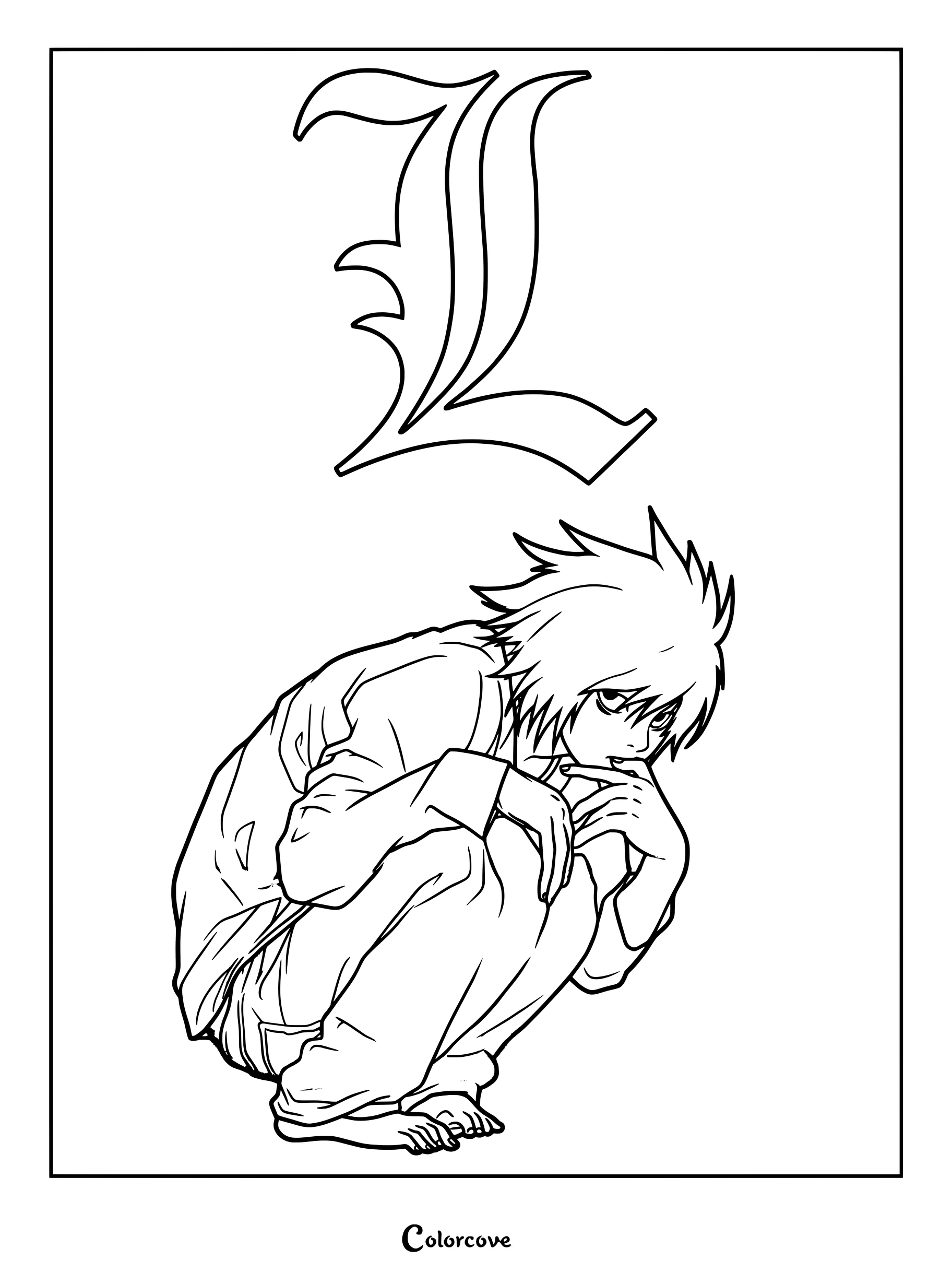 Dibujo imprimible de Death Note para colorear con L Lawliet en cuclillas en su postura característica debajo de su logotipo gótico de la L.