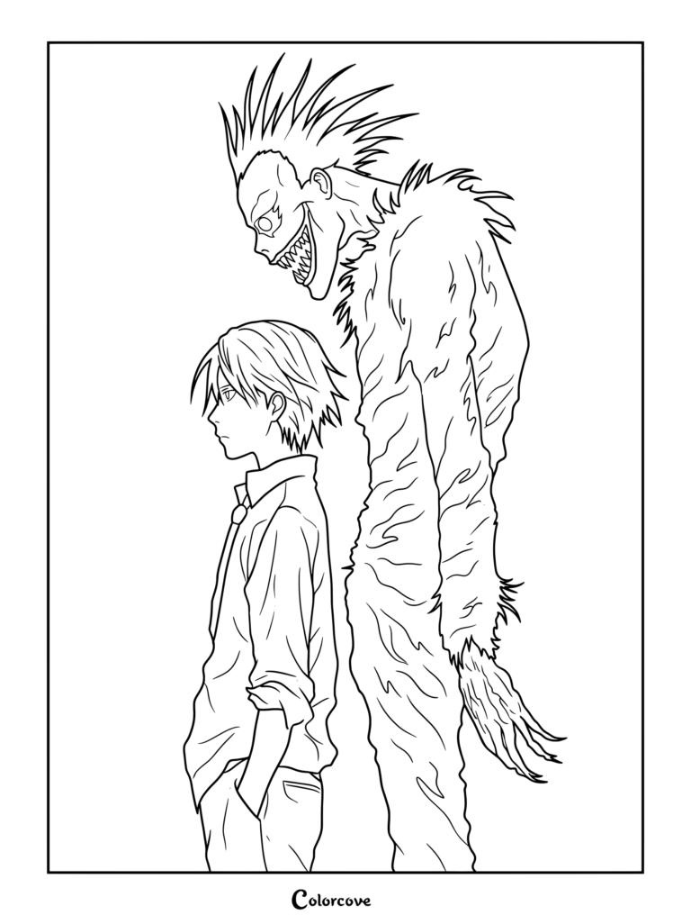Dibujo para colorear de Light Yagami y el Shinigami Ryuk de la serie de anime y manga Death Note.