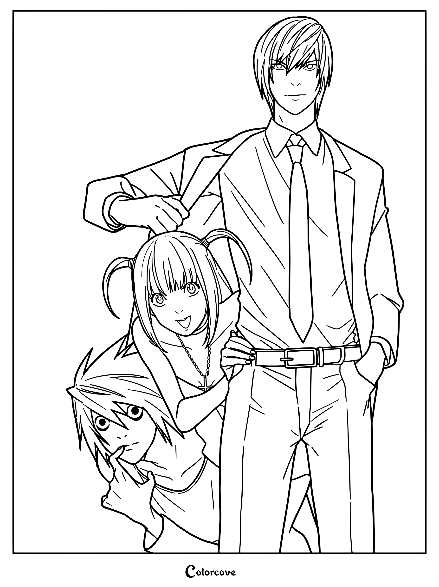 Dibujo imprimible para colorear con Light Yagami, Misa Amane y L Lawliet de Death Note en una pose dinámica.