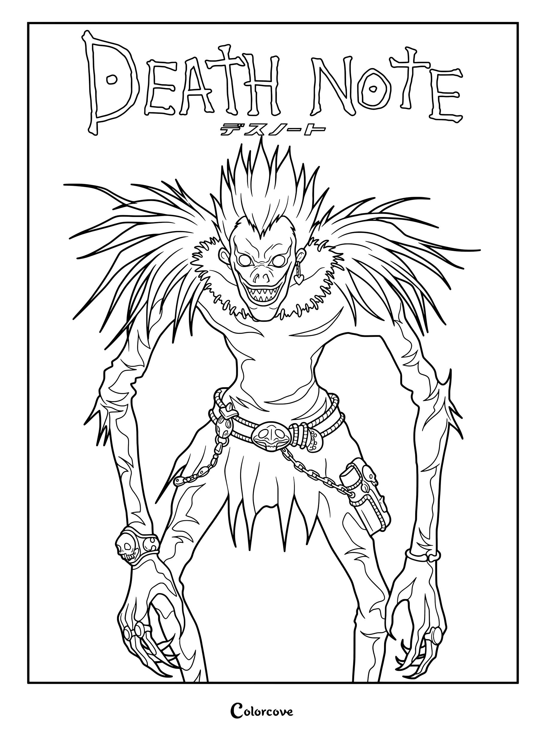 Dibujo imprimible para colorear con el Shinigami Ryuk de la serie de anime y manga Death Note de pie en una pose amenazante.