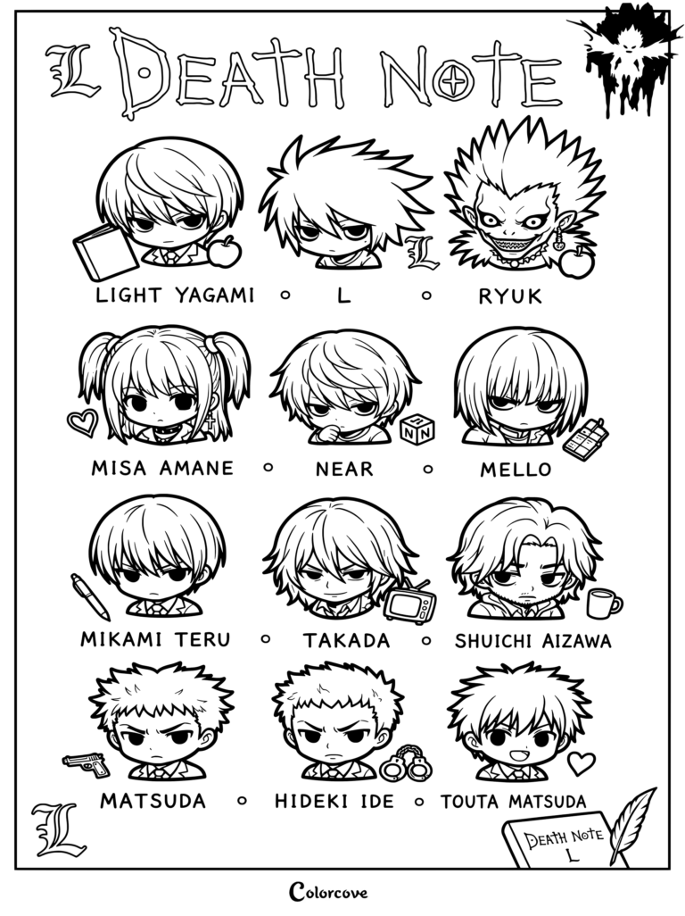 Un dibujo imprimible de Death Note para colorear que muestra ilustraciones de estilo chibi con temática oscura de doce personajes de la serie de anime y manga.
