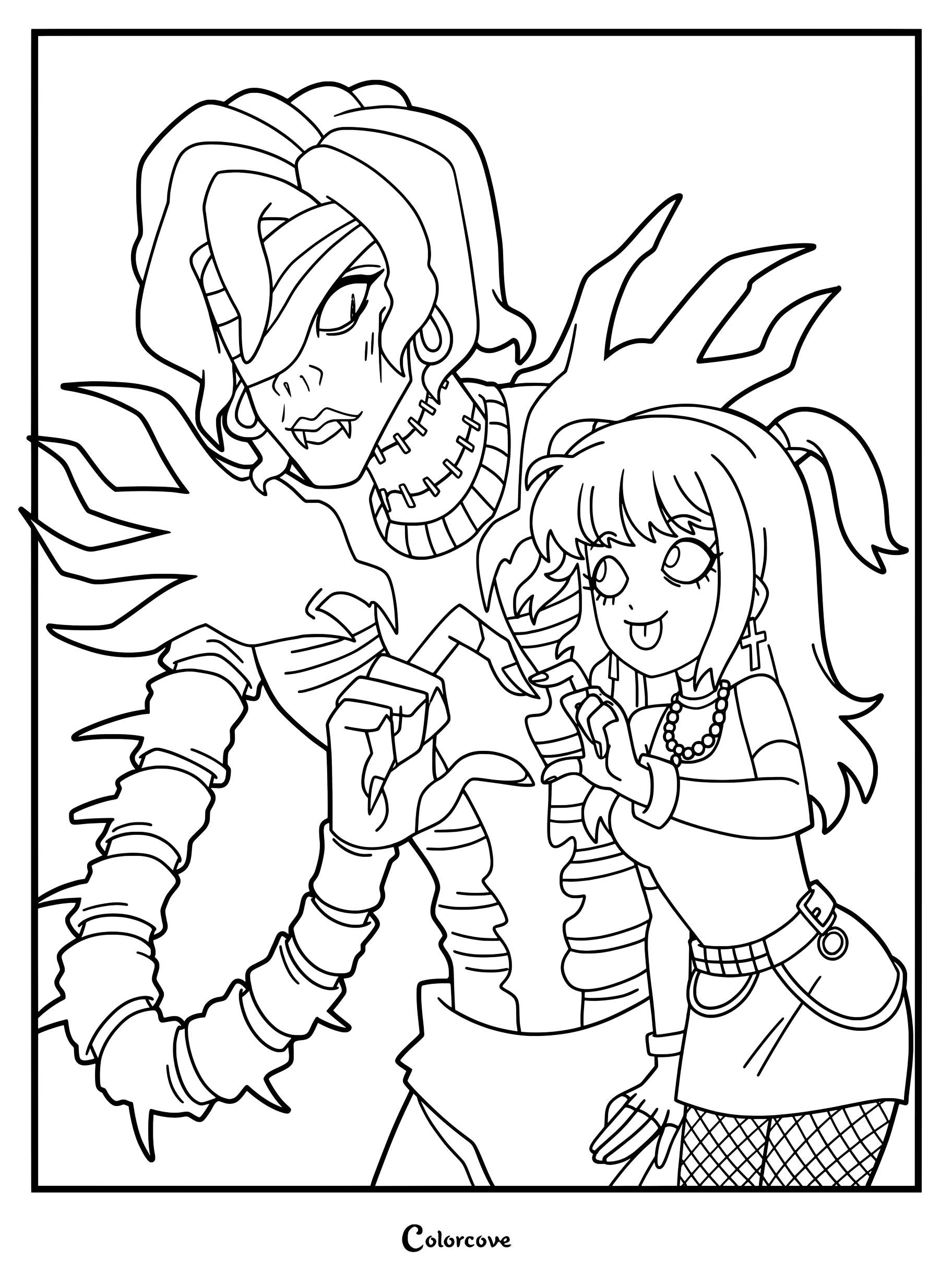 Un dibujo imprimible para colorear con una ilustración de fan art de Misa Amane y el Shinigami Rem de la serie de anime y manga Death Note, dibujados en un estilo inspirado en Scott Pilgrim.