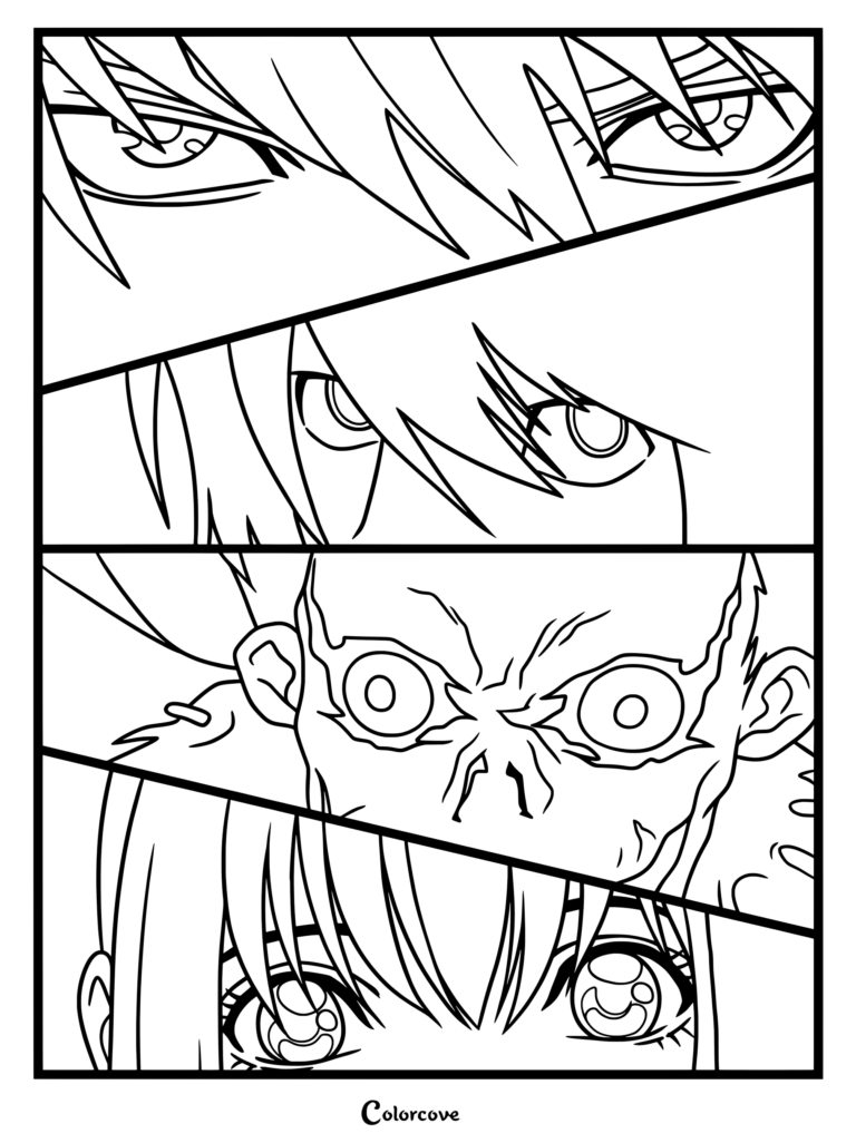 Dibujo imprimible de Death Note para colorear con un collage de cuatro paneles apilados que se centra detalladamente en los distintos ojos de los personajes Light Yagami, L Lawliet, Ryuk y Misa Amane.