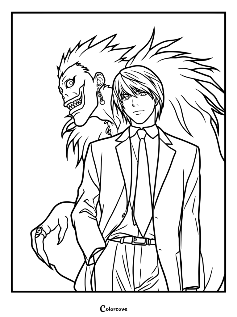 Dibujo de Death Note para colorear con Light Yagami de pie con traje junto al Shinigami Ryuk