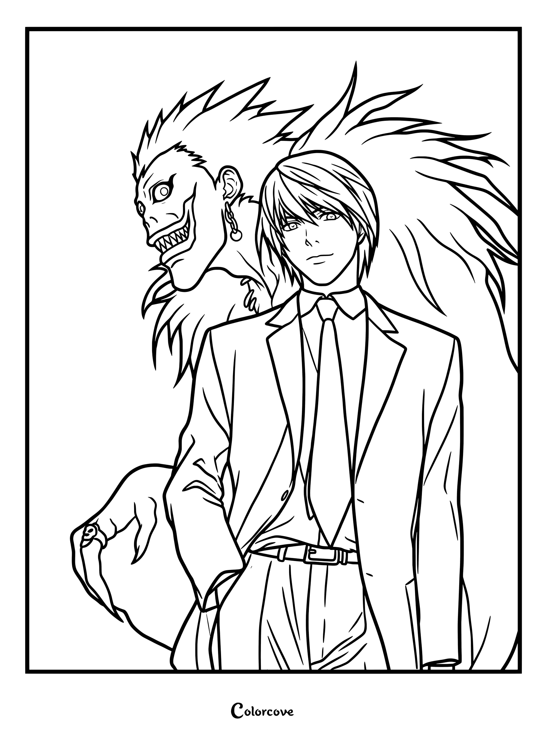 Dibujo de Death Note para colorear con Light Yagami de pie con traje junto al Shinigami Ryuk