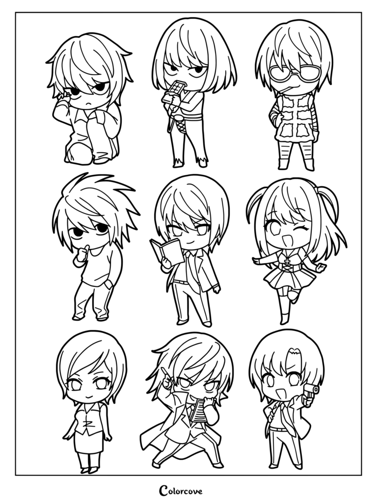 Dibujo imprimible de Death Note para colorear con un conjunto de ilustraciones de fan art estilo chibi de los personajes del anime y manga.