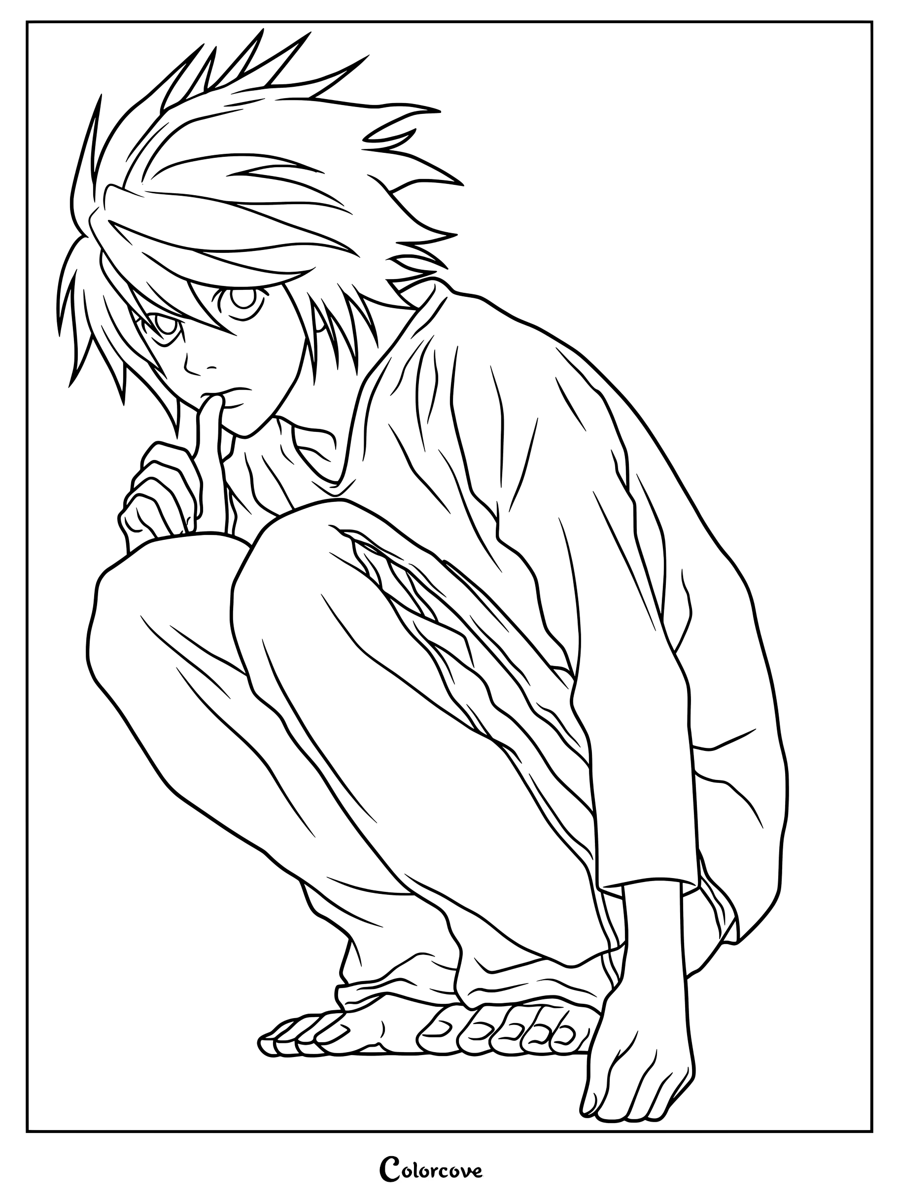 Dibujo de L Lawliet de Death Note para colorear que muestra al detective en su icónica postura en cuclillas con el cabello revuelto.