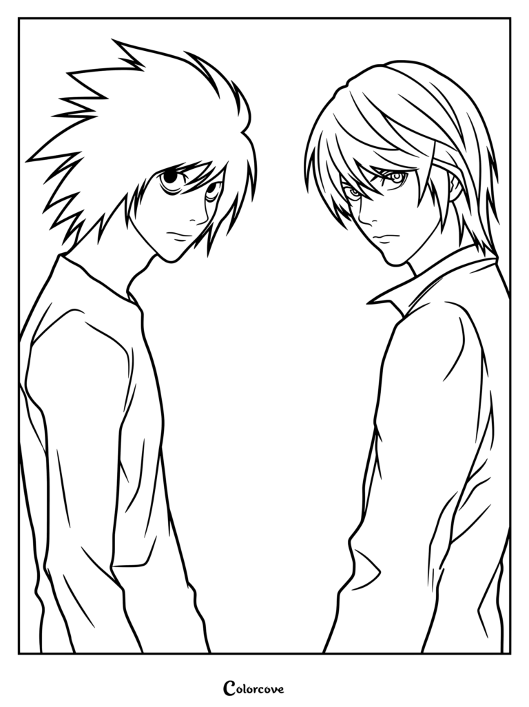 Dibujo de Death Note para colorear con L Lawliet a la izquierda y Light Yagami a la derecha.