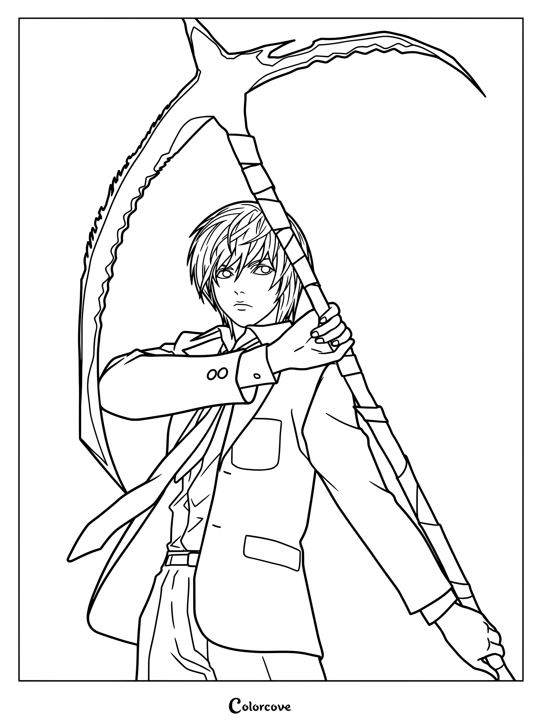 Dibujo imprimible para colorear de Light Yagami de la serie de anime y manga Death Note sosteniendo una guadaña grande.