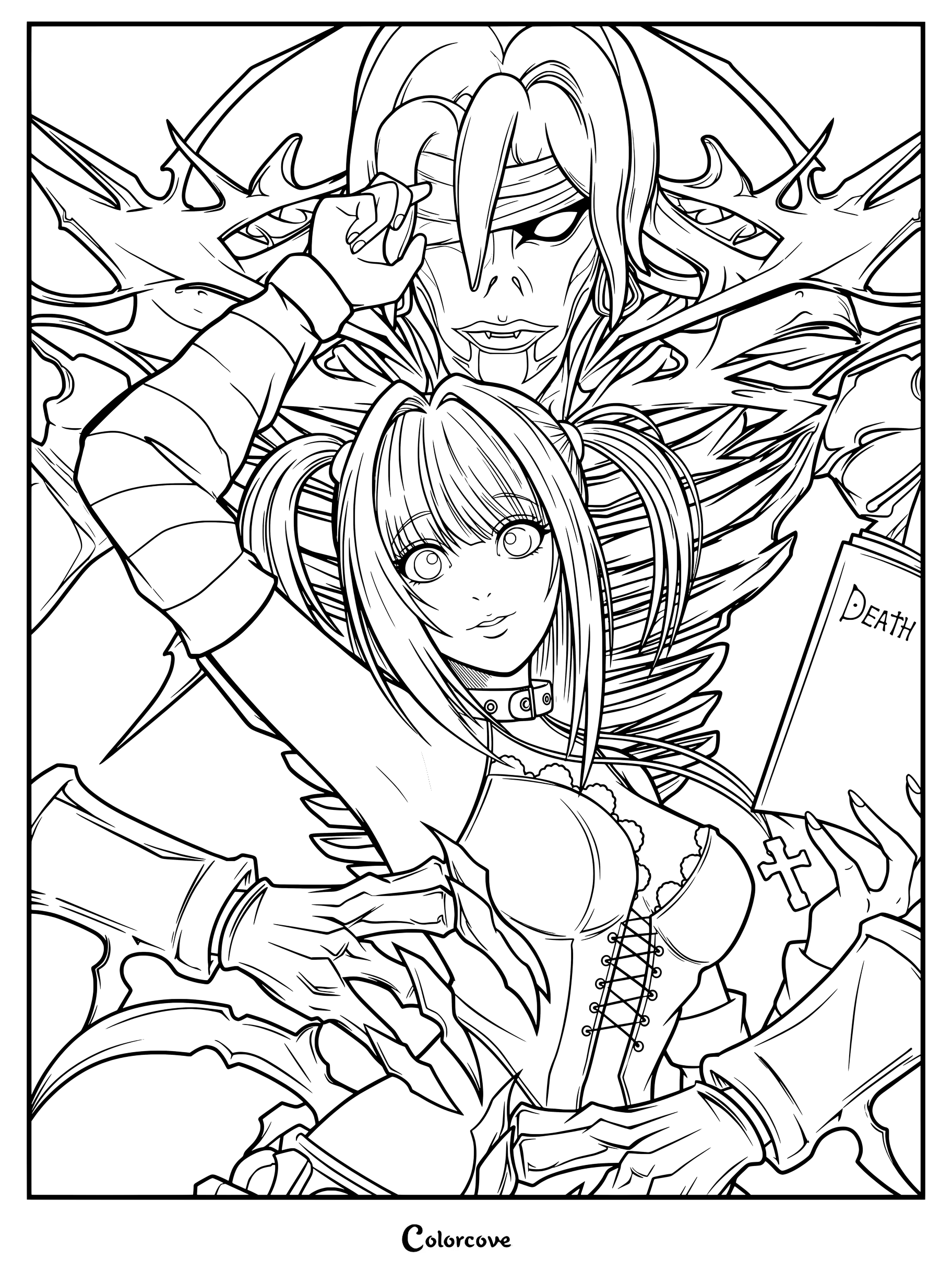 Dibujo para colorear de Misa Amane junto al Shinigami Rem de la serie de anime y manga Death Note.