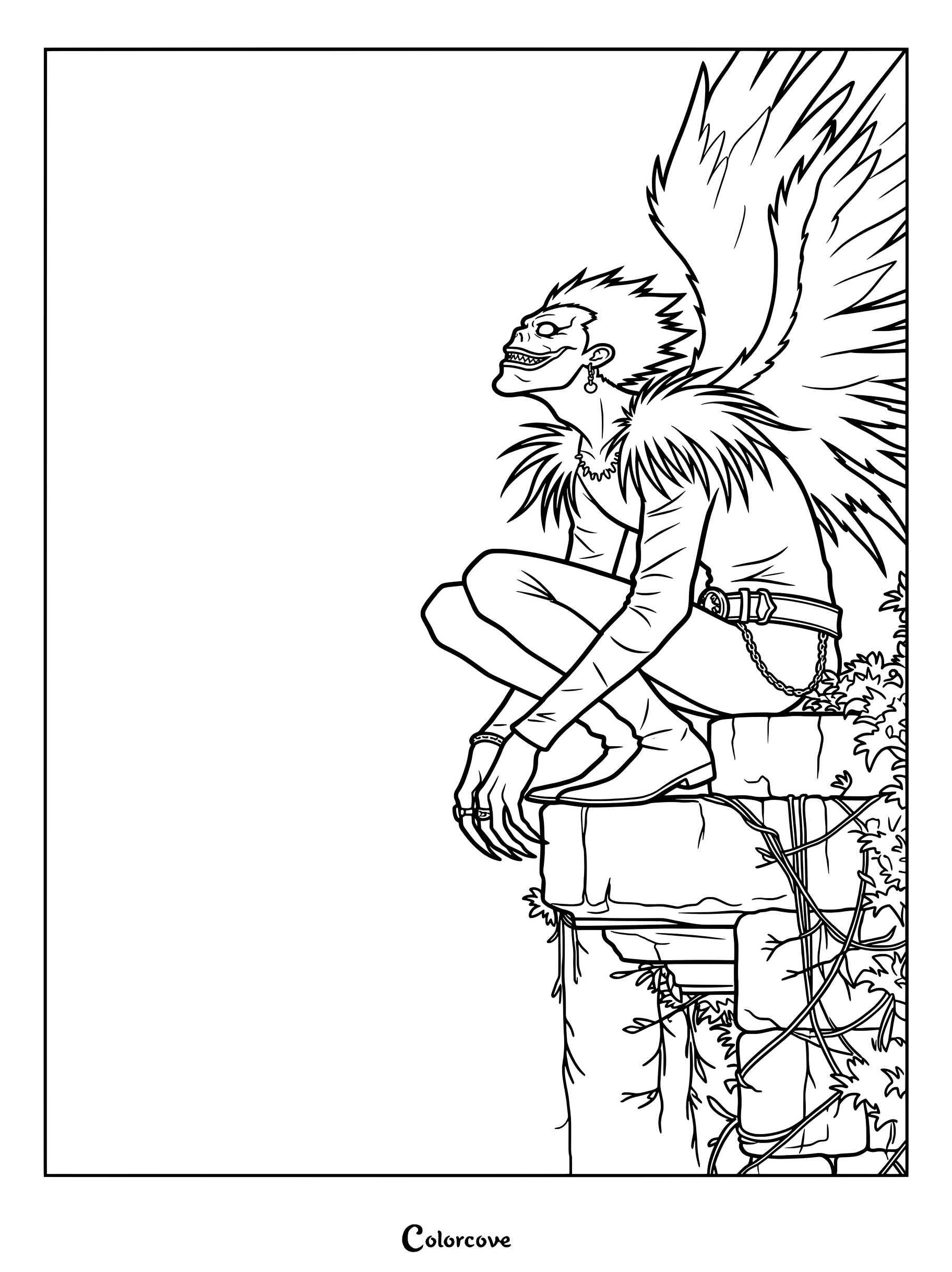Dibujo para colorear de Ryuk, el dios de la muerte (Shinigami) de Death Note, agachado en una repisa de piedra contra un cielo azul.