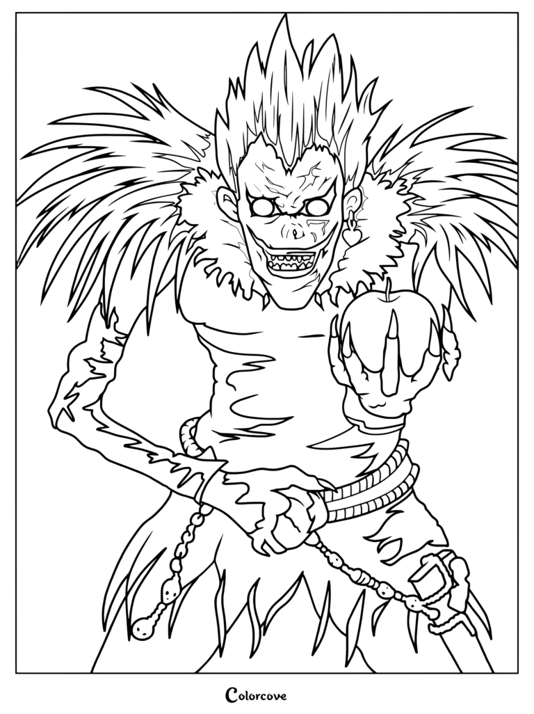 Dibujo de Ryuk sosteniendo una manzana de Death Note para colorear.