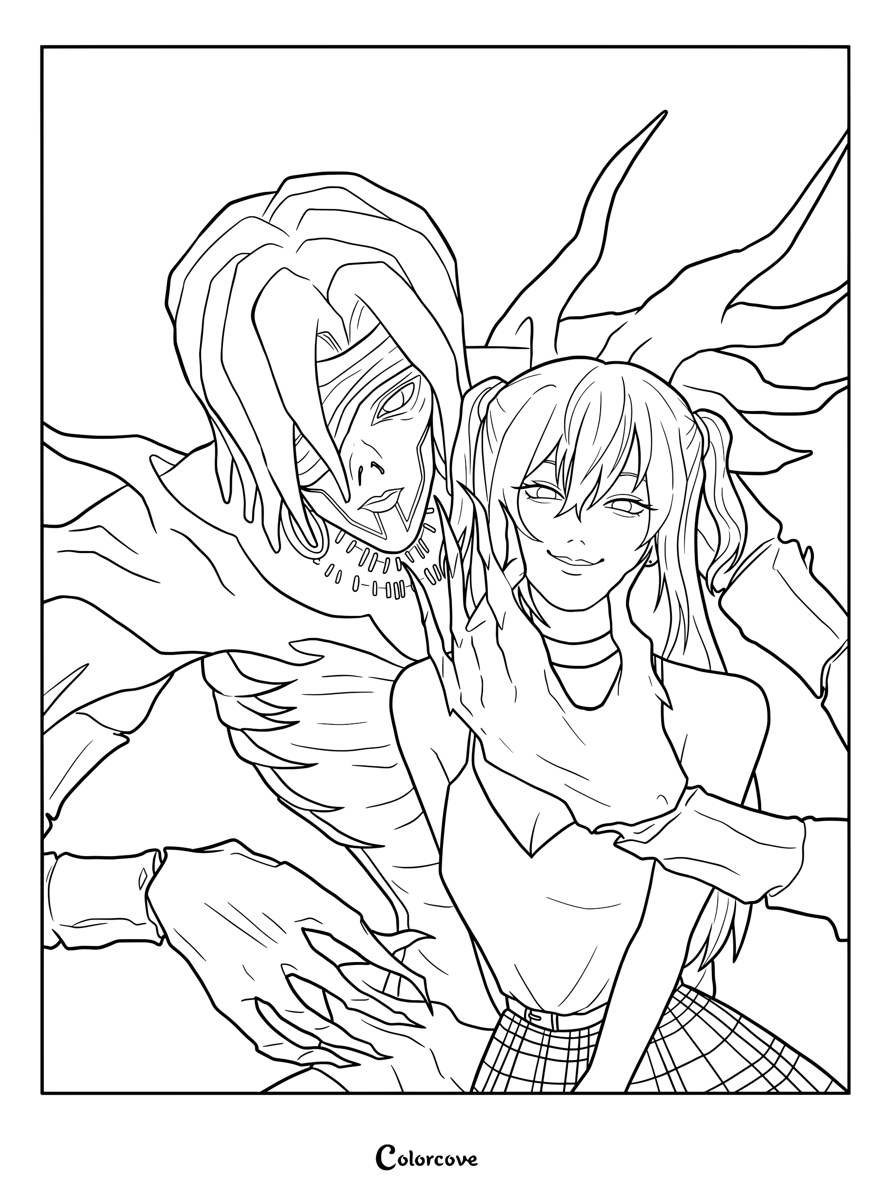 Dibujo imprimible de Death Note para colorear con Misa Amane y el Shinigami Rem.
