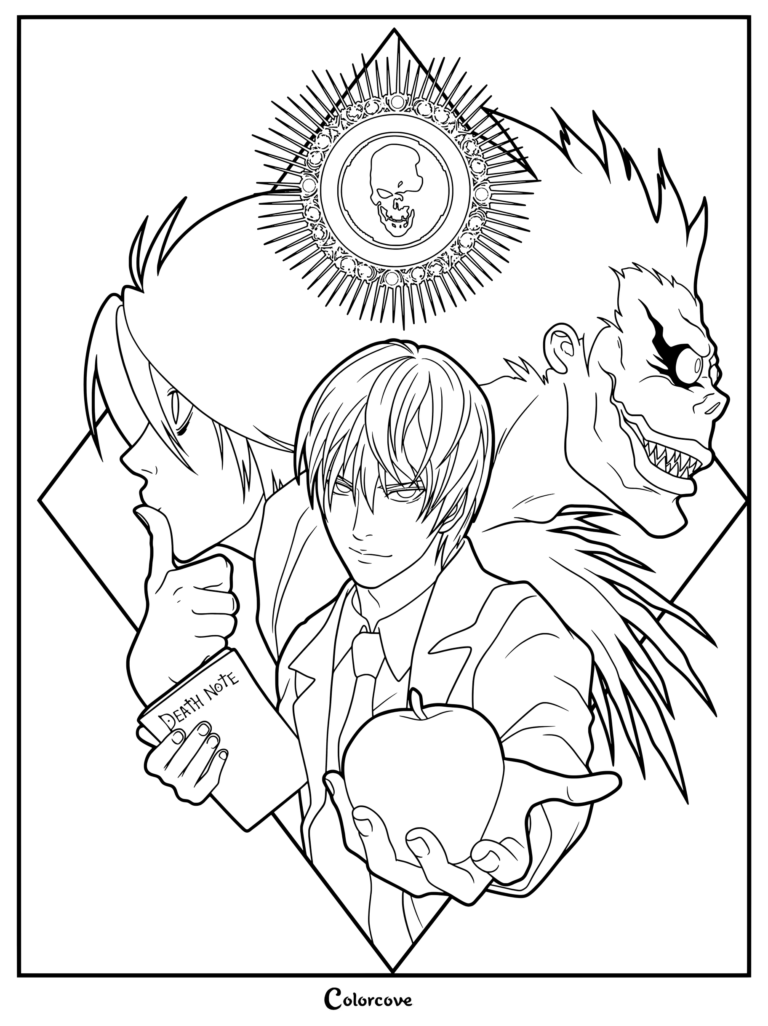Dibujo de Death Note para colorear con Light Yagami sosteniendo una manzana roja, Ryuk al fondo y L Lawliet sosteniendo un cuaderno.