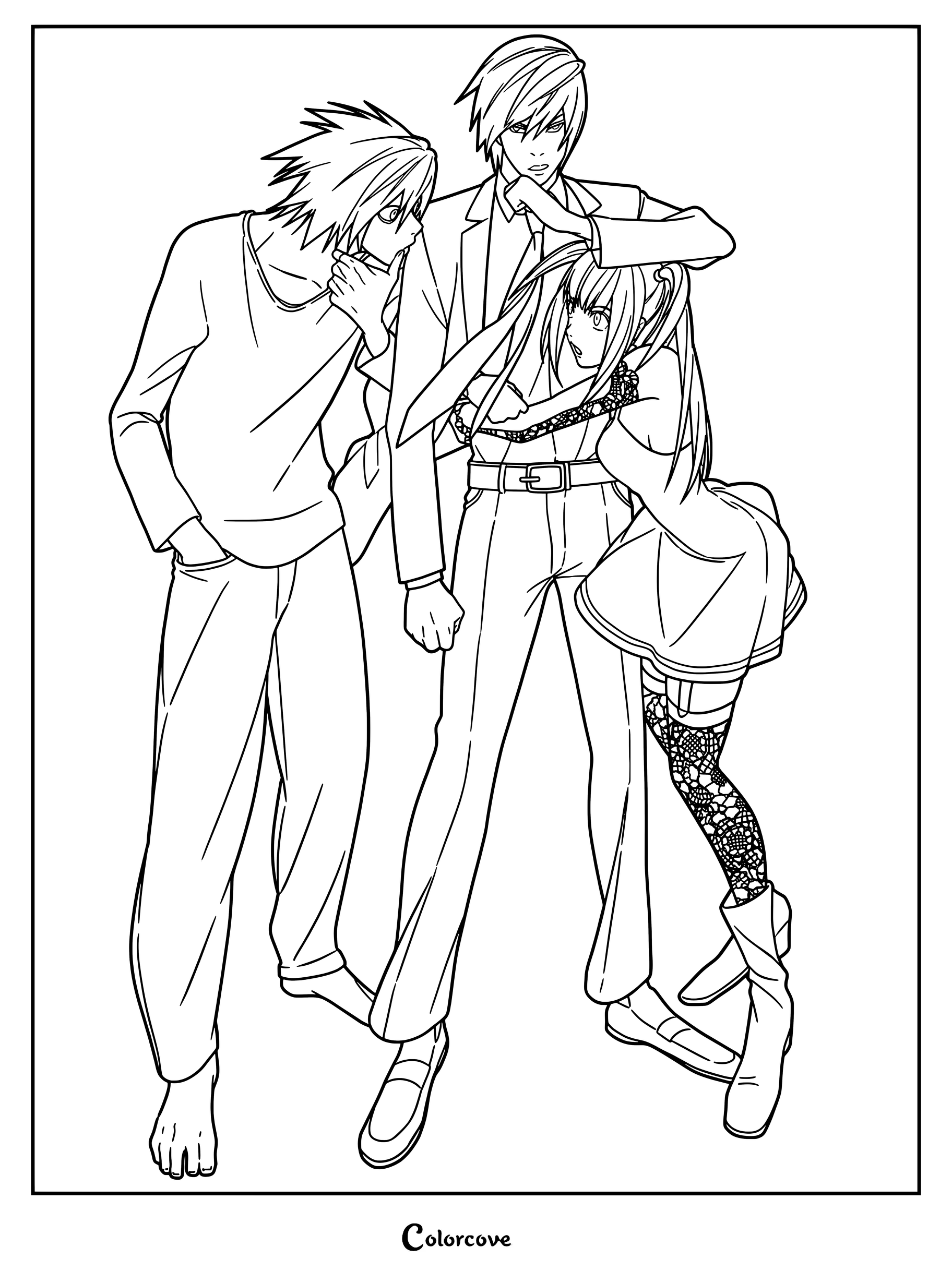 Dibujo de Death Note para colorear con L Lawliet a la izquierda, Light Yagami en el centro y Misa Amane a la derecha.