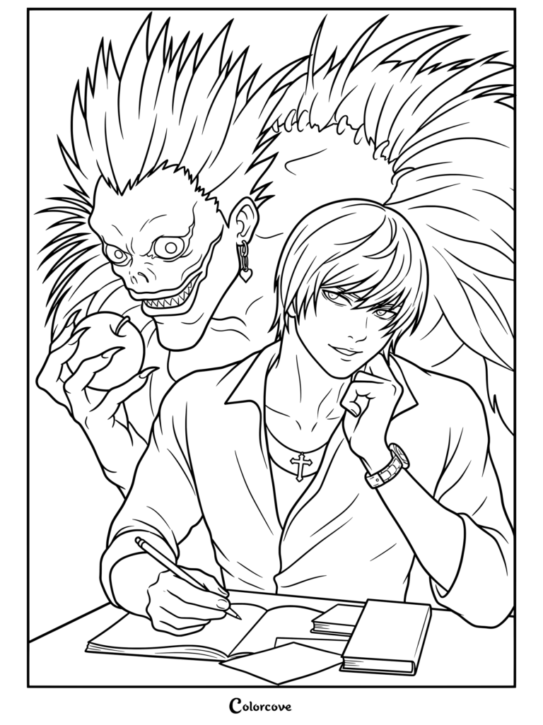 Dibujo de Death Note para colorear con Light Yagami escribiendo en un cuaderno mientras el shinigami Ryuk se inclina sobre su hombro sosteniendo una manzana
